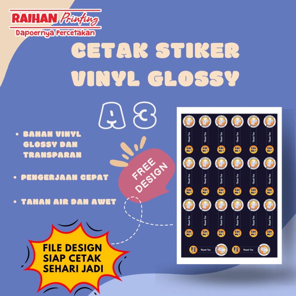 

Cetak + Cutting Sticker Vinyl White Glossy / Transparan / Mate A3+ Custom Design