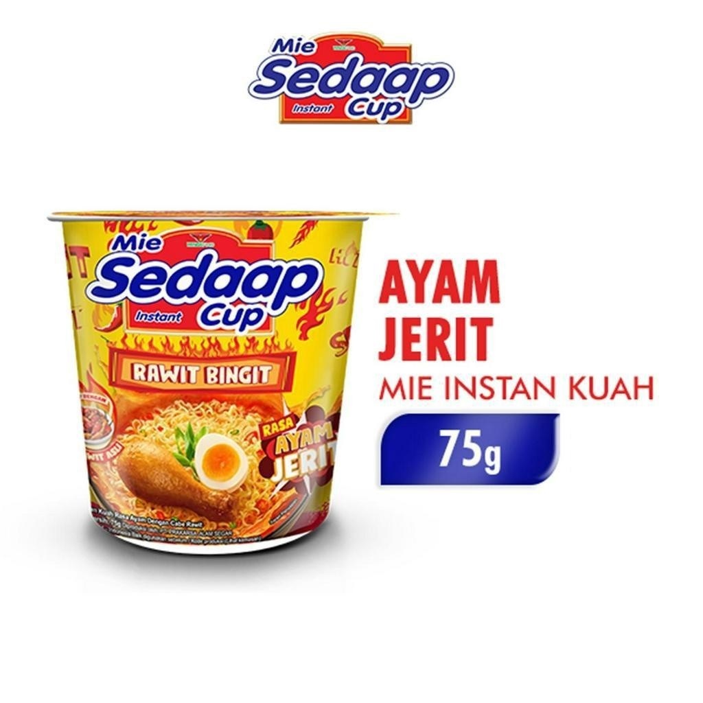 

Mie Sedaap Cup instant Mi Kuah Pedas RAWIT BINGIT LENGKAP DENGAN CABE RAWIT ASLI RASA AYAM JERIT 75gr