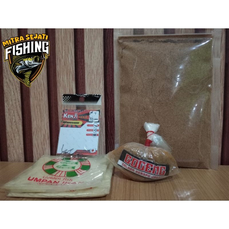 Paket Hemat No.2 (Umpan Goceng, Golden Fish 2pcs, Kail Kenji No.7, Pelet 100gr)
