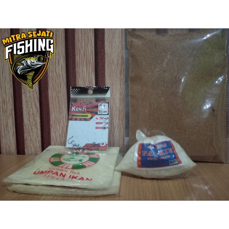 Paket Hemat No.5 (Umpan Pa Ikin wangi, Golden Fish 2pcs, Kail Kenji No.7, Pelet 100gr)