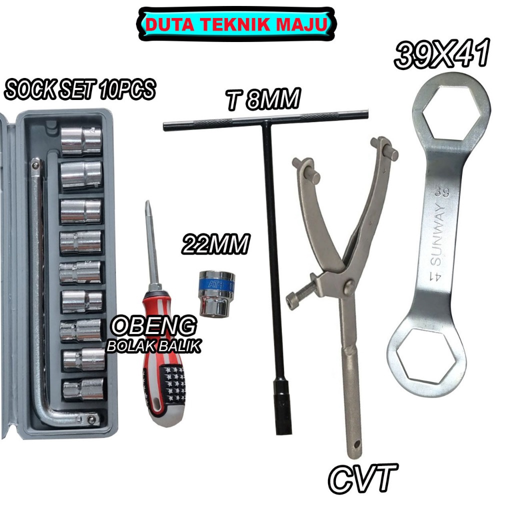 Paket Lengkap TEKIRO Service Motor Treker CVT  Kunci 39x41  Kunci Sok Set 1pcs  Kunci T mm  Obeng  M