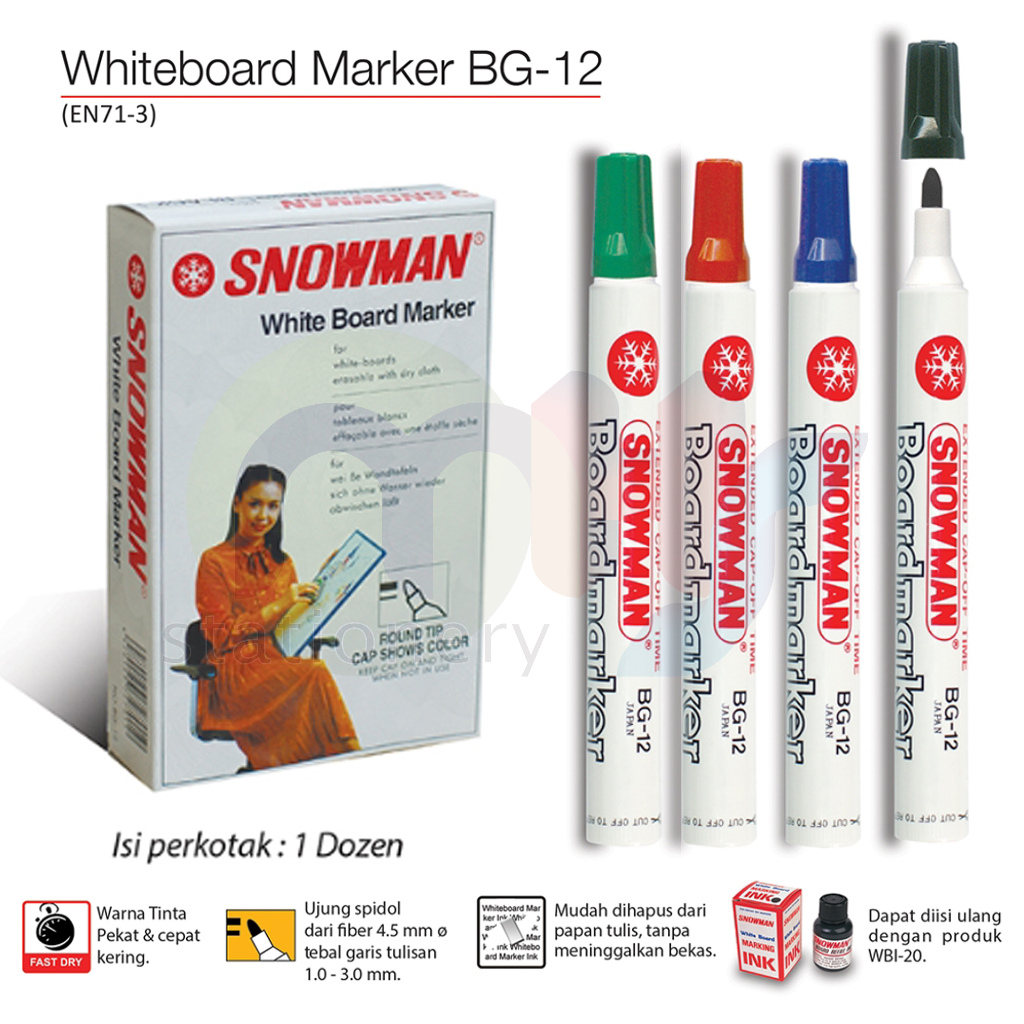 

SNOWMAN Spidol Papan Tulis Dapat Dihapus Whiteboard Marker BG-12 Hitam Biru Merah Hijau
