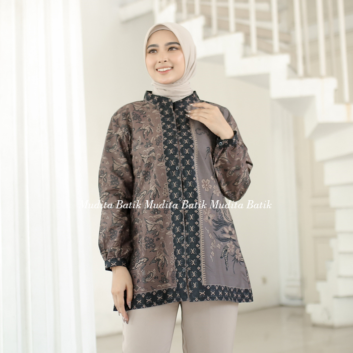 Batik Mudita Motif Saraswati Batik Wanita Modern Kerja Lengan Panjang Premium Halus Warna Coklat Sof
