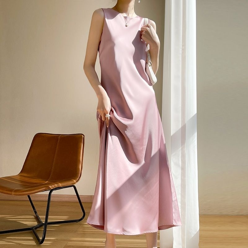 dress satin tanpa lengan jumbo sleeveless satin tanktop dress satin MIDI dress satin kantor kampus k