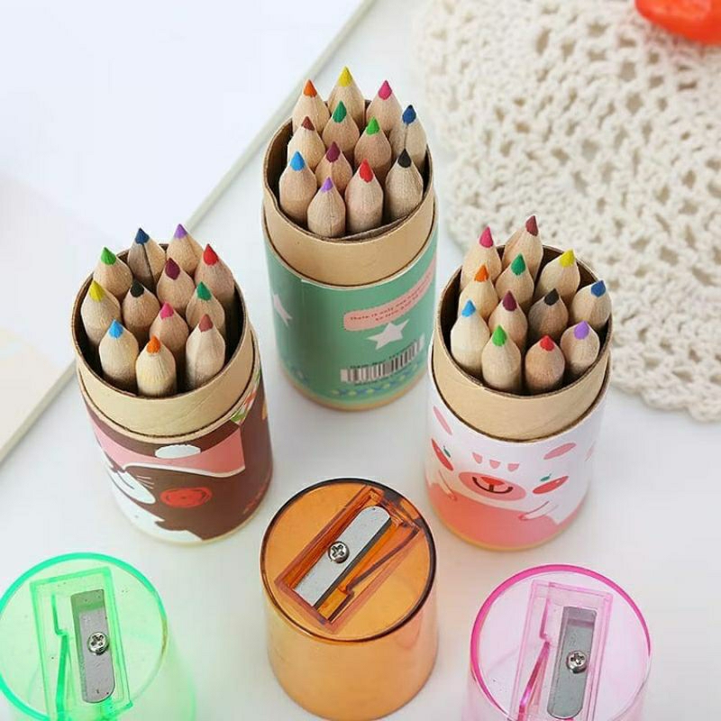 

(bukan grosir) [Aesthetic by fss.id] pensil warna pendek/pensil warna 12 in 1 + serutan/kemasan tabung