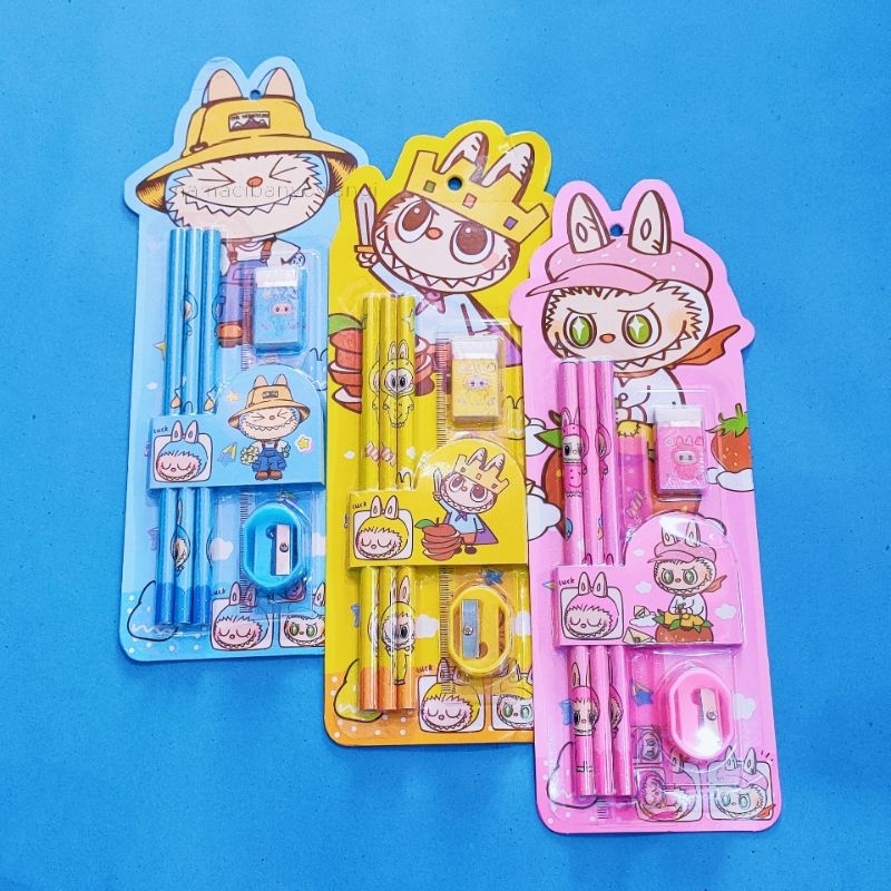 

LABUBU set alat tulis paket stationery anak sekolah 6 in 1 6in1 pensil penggaris hapusan rautan