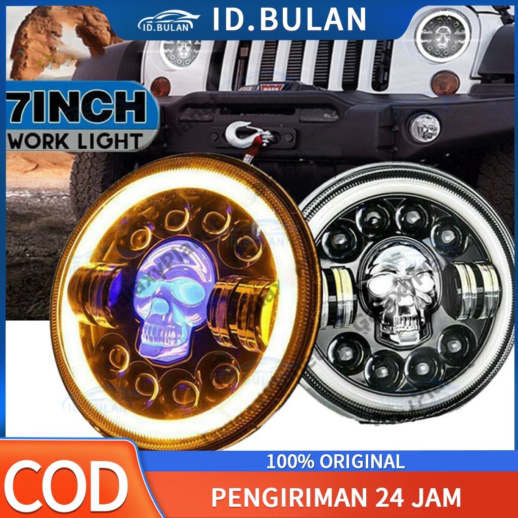7-inch H4 Skull LED Headlight With DRL Hi/Lo Beam Light RingLampu Daymaker 7 inch 12 LED Model Tengk