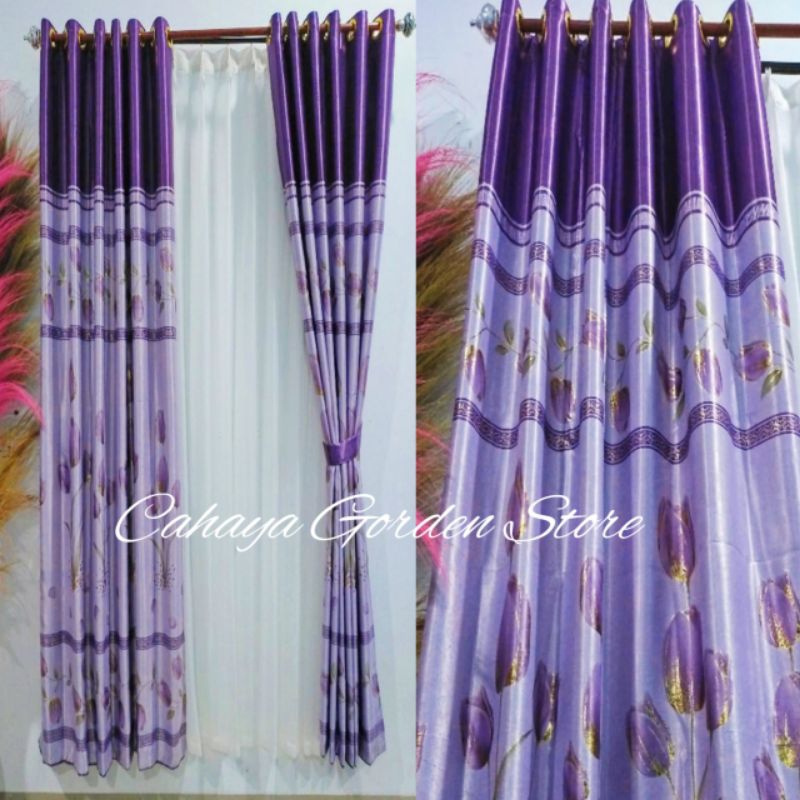 Tirai Gorden Blackout Premium Bunga Tulip Ungu Glossy Mewah Bonus Cantolan Dan Tali