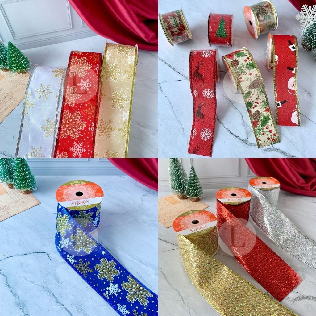 

Pita Hiasan Merry Christmas / Pita Glitter Natal / Pita Roll Kawat Aksesoris Hampers Dekorasi Pohon