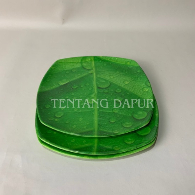 1 lusin (12 pcs) Piring Melamin Persegi Ceper Motif Daun Ukuran (9 inch), Piring melamin Serbaguna, 