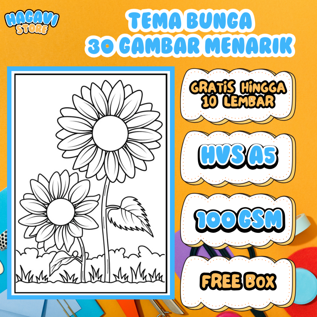 

Kertas mewarnai anak Coloring Sketsa 30 Gambar (HVS A5 100gsm) Tema Bunga
