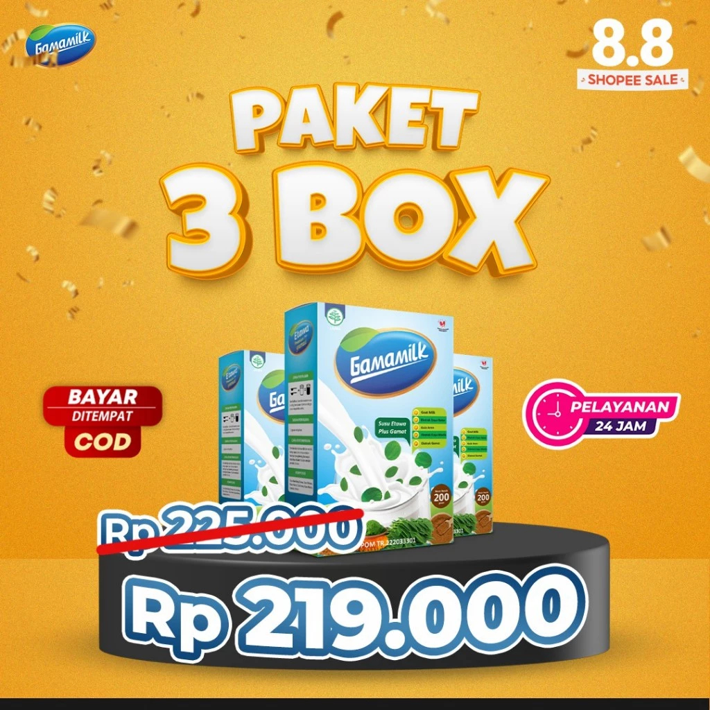 

PROMO!!!(3 BOX)Gamamilk Susu Etawa Plus Gamat Rekomendasi Atasi Nyeri Sendi & Tulang (Halal)