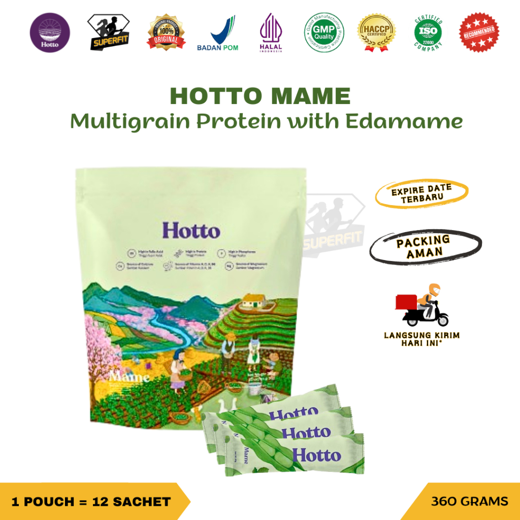 

HOTTO MAME 1 Pouch isi 12 Sachet Multigrain Protein with Edamame Isolate Whey Prebiotik Oat Beta Glucan Diet Sehat Sereal Kacang Kedelai Jepang Ubi Ungu Purple Potato Organik PURTO Malt Rendah Kalori BPOM HALAL