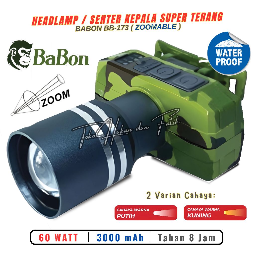 Terbaru Senter Kepala Zoom 60W Babon BB-173 Super Terang Murah Bisa COD |Senter Kepala zoom super/la