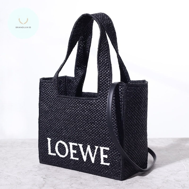 Loewe Medium Logo Font Tote Bag in Black Raffia with Adjustable Shoulder Strap