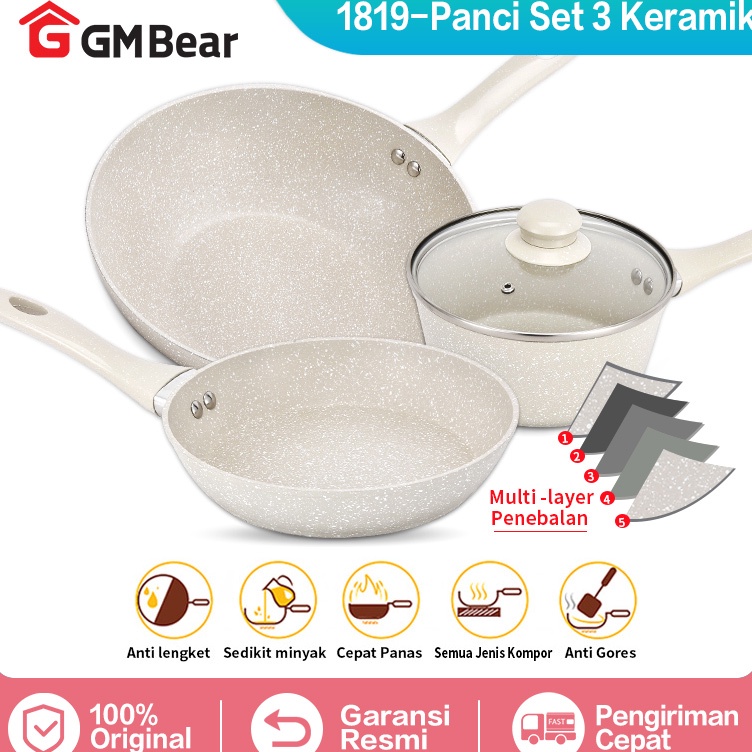 Super Quality  GM Bear Panci Set Keramik Anti Lengket P411  Luversa Panci Ceramic Set 3psc