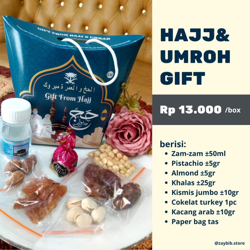 

Oleh Oleh Haji dan Umroh /Kurma Air ZamZam Kismis Cokelat Haji Umroh Gift / Paper bag dus jinjing tali