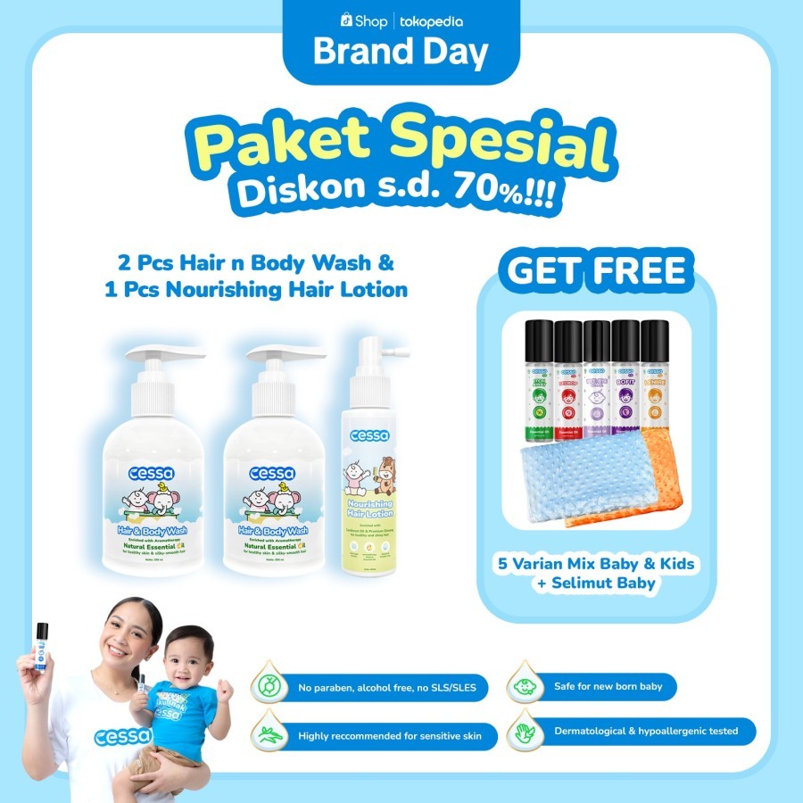 Cessa 2 Hair n Body Wash + 1 Hair Lotion Free 5 Varian Mix Baby & Kids Free Selimut Baby