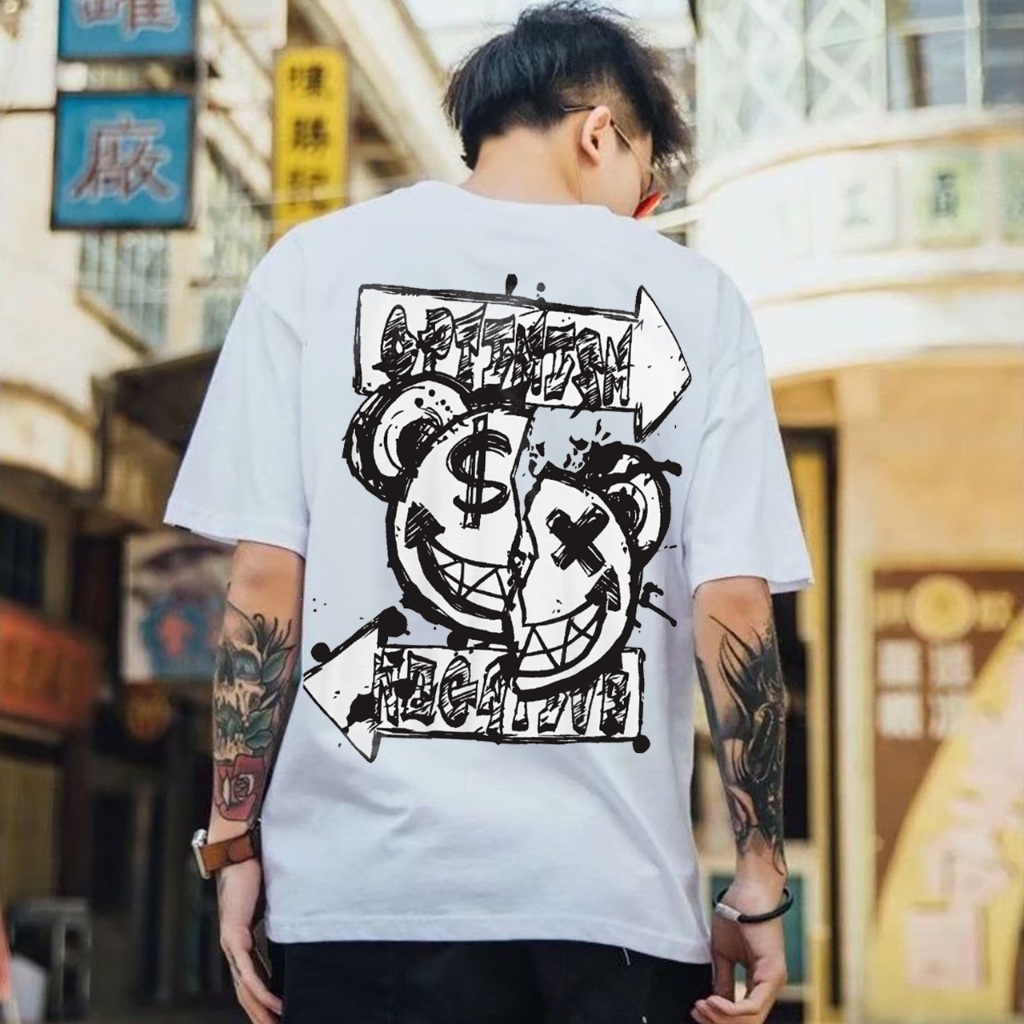 Kaos Distro Pria Motif Bear Smile Tshirt Pria & Wanita Terbaru Warna Hitam Lengan Pendek Motif Sablo