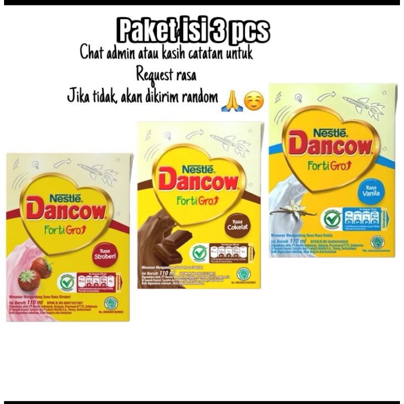 

paket 3 pcs Dancow FortiGro Susu UHT ada rasa vanila, coklat, dan stoberi kemasan 110 ml