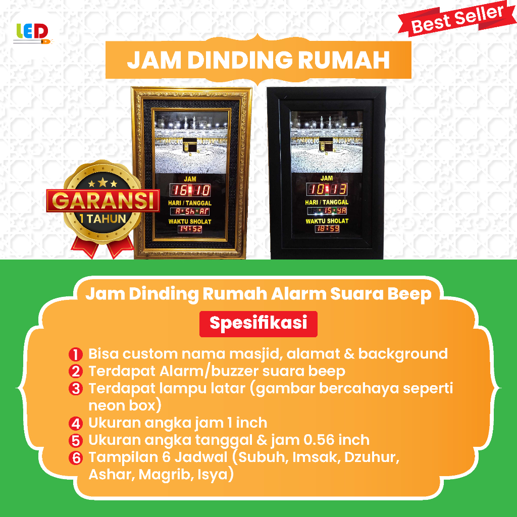 Jam Dinding Rumah Jadwal Sholat Digital Ukuran 43 cm x 30 cm Alarm Suara Beep Murottal Adzan