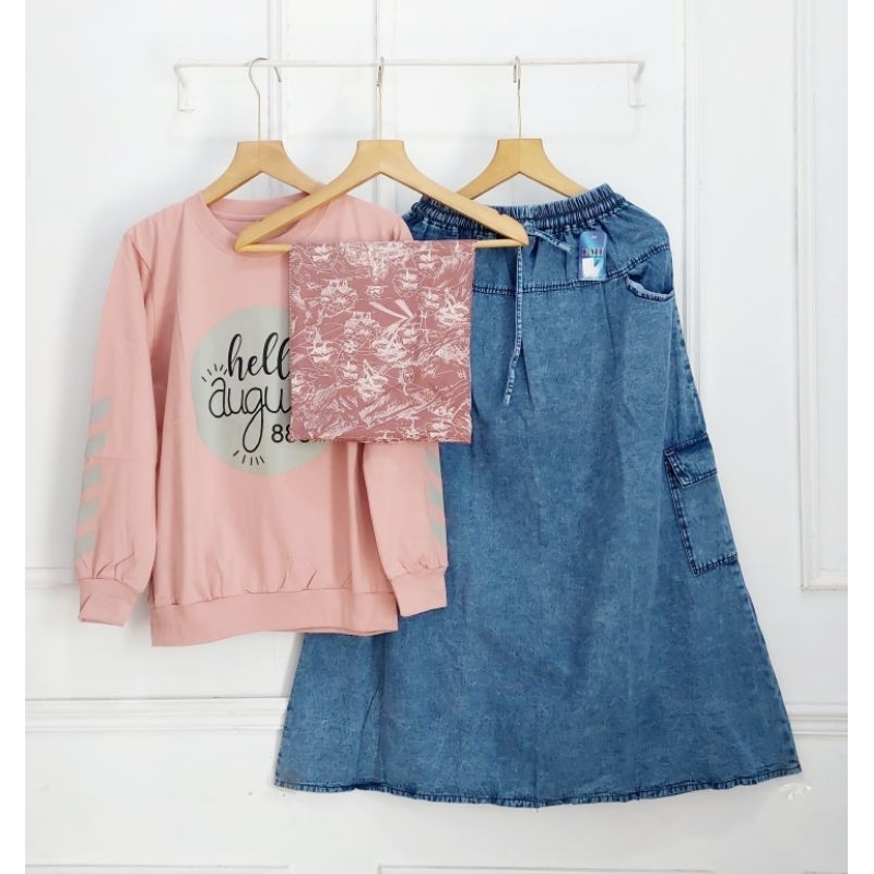 SETELAN ROK JEANS SET KAOS COMBED + JILBAB SEGIEMPAT VOAL