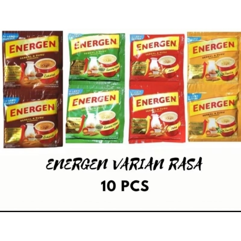 

Energen Sereal Varian Rasa Cokelat, Vanilla, Kacang Hijau, Jahe 1 Renceng 10 Sachet