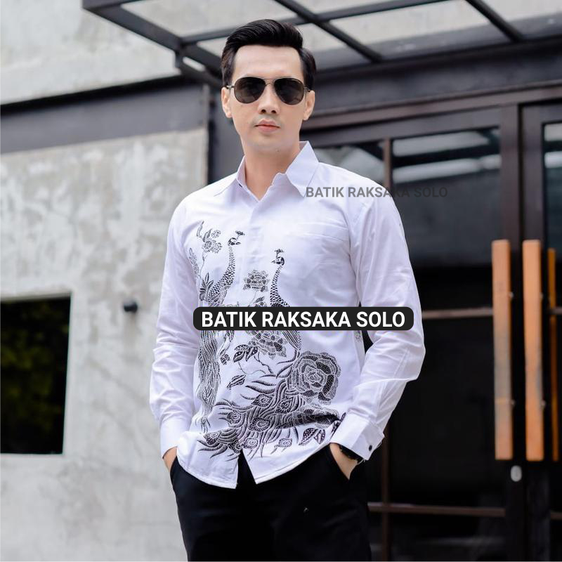 Kemeja Batik Pria Cowok Slimfit Premium Motif AZRIEL Full Furing Baju Lengan Panjang Warna Putih