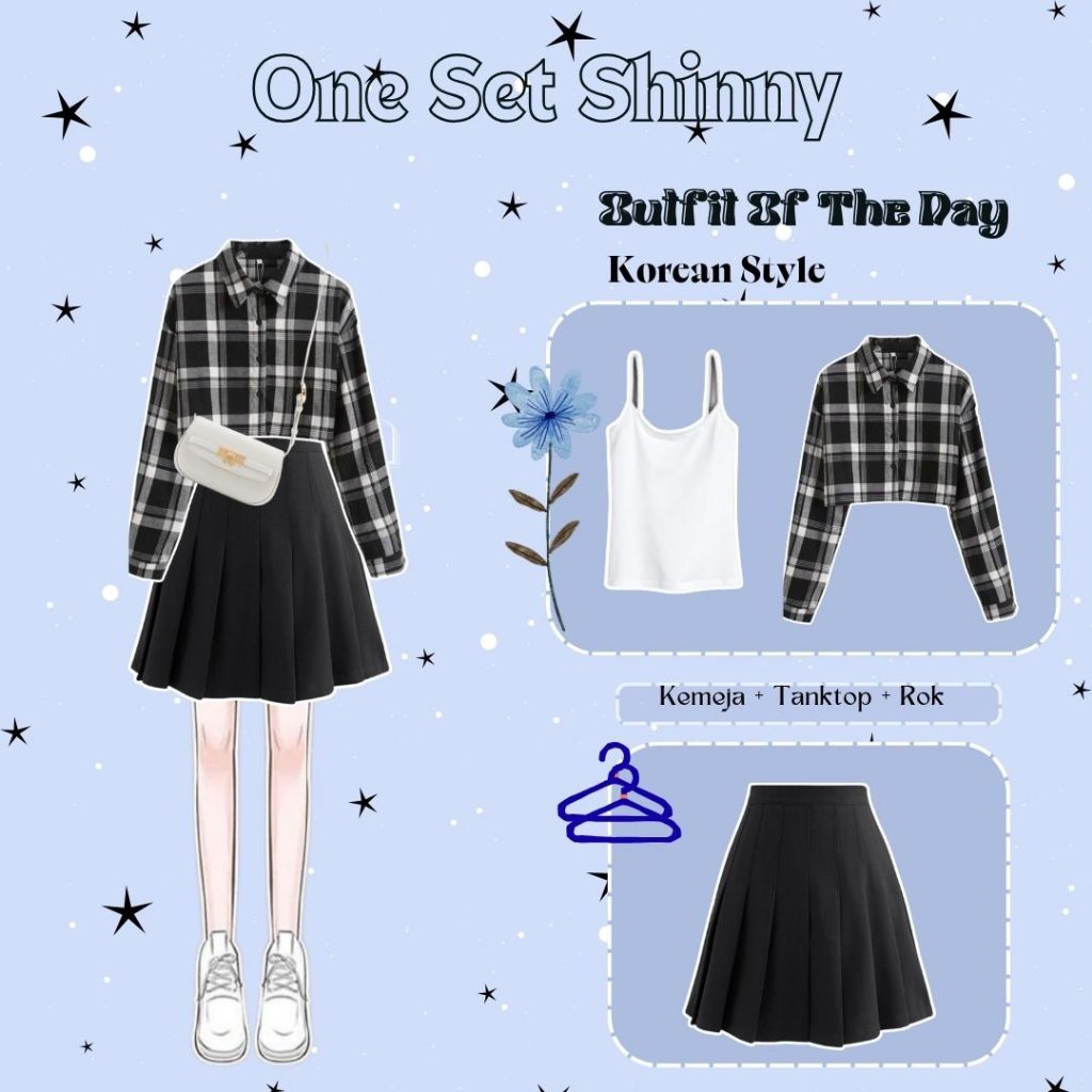 One Set Shinny OOTD Korean Style Kemeja Jennie Crop Tanktop Putih Rok Pendek Hitam