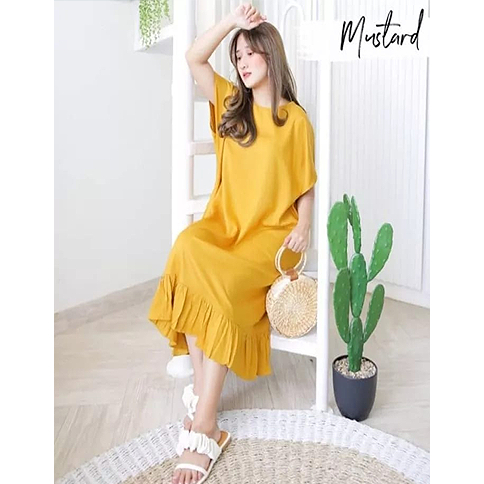 CUCI GUDANG MIDI DRESS RUFFLE MODEL LENGAN PENDEK KEKINIAN WARNA TRENDY