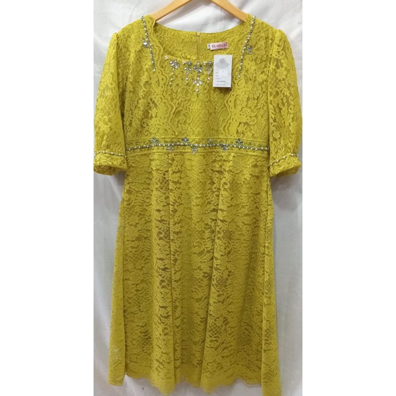 Dress brokat semi Prancis model terbaru warna lemon mewah