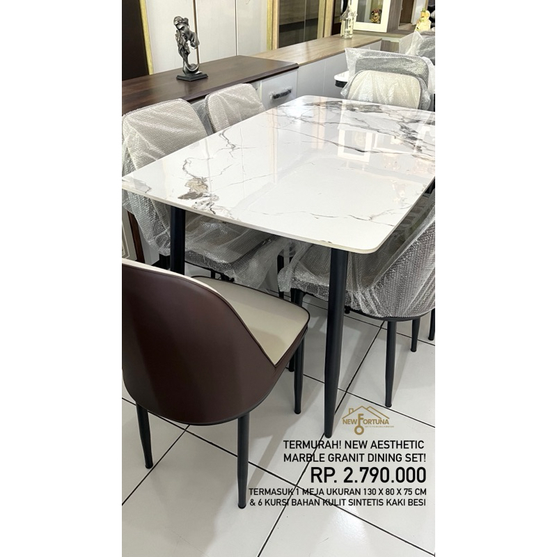 Dining set marble granit meja makan rounded corner