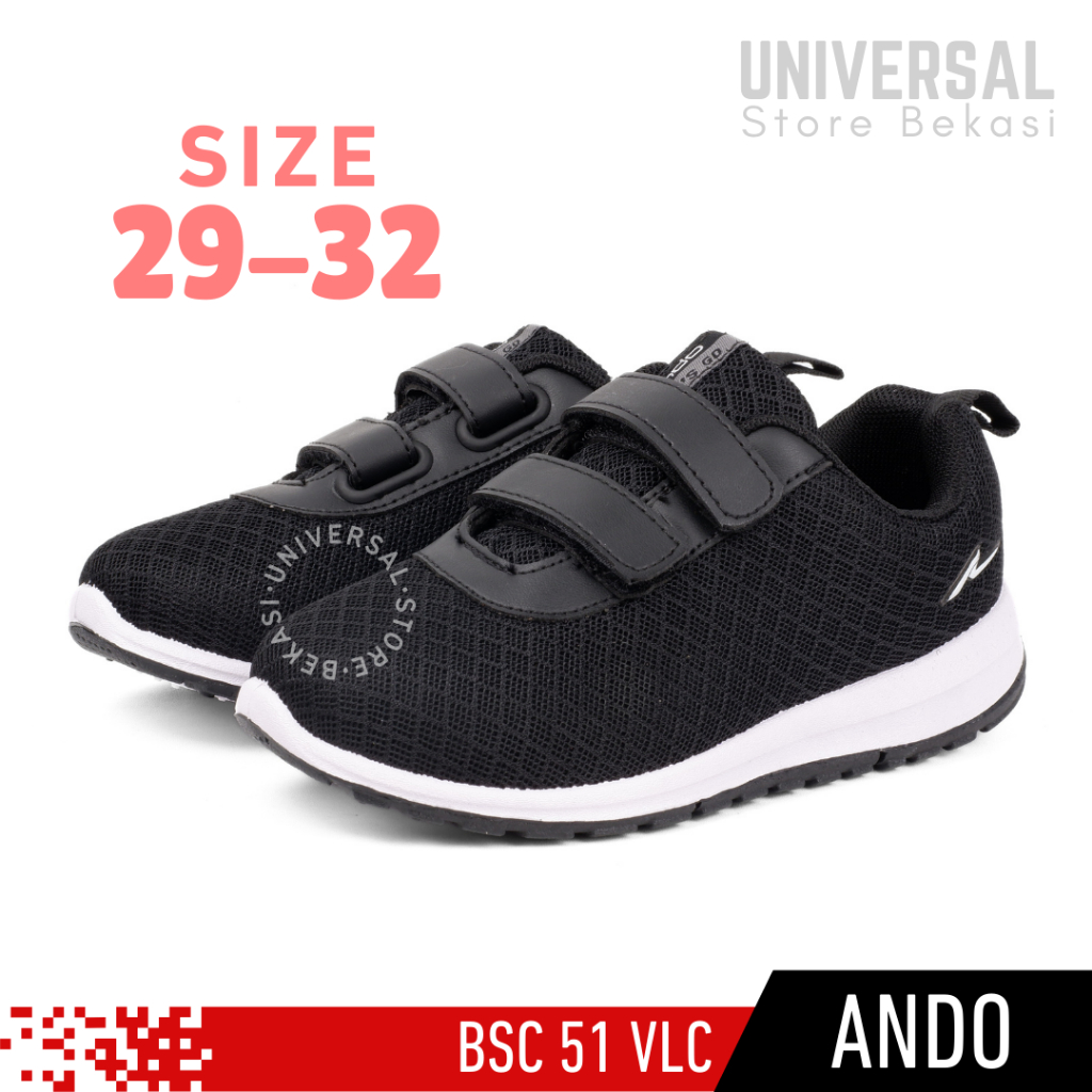 Sepatu Sekolah Anak Perempuan Balita PAUD TK SD Kelas 1 Ando BSC 51 Hitam Putih Perekat Size 29-32