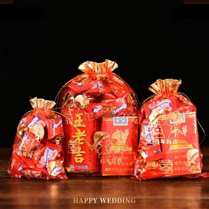 Joyful Kantong Serut Wedding Couple Double Happiness / Pouch Serut Hi Ukuran S M L / Kantong Serut S