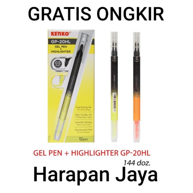 

Gel Pen GP-20HL Highlighter KENKO 0.5mm Pen Jel & Stabilo 2 in 1 Per Lusin ( ISI 12 PCS )