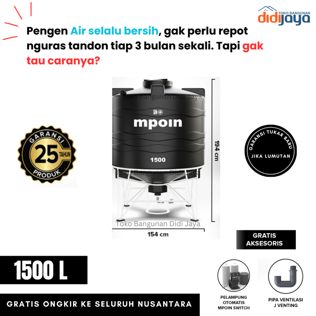 Toren Tandon Air MPOIN Drain 1500 Anti Bakteri | Tandon Air Anti Lumut | Garansi 25 Tahun
