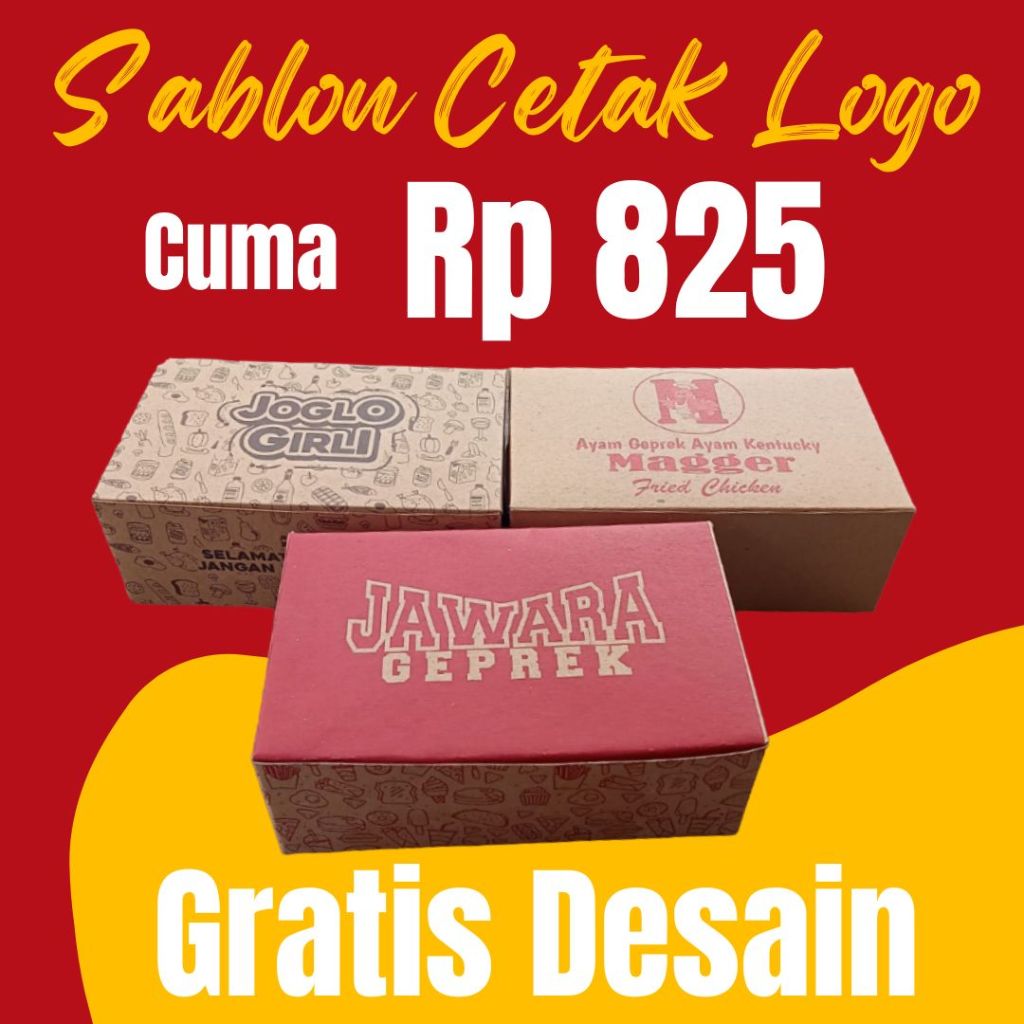 

Sablon cetak logo dus box kemasan ayam geprek fried chicken kraf coklat (tinggi 6,5 x 17 x 10,5)