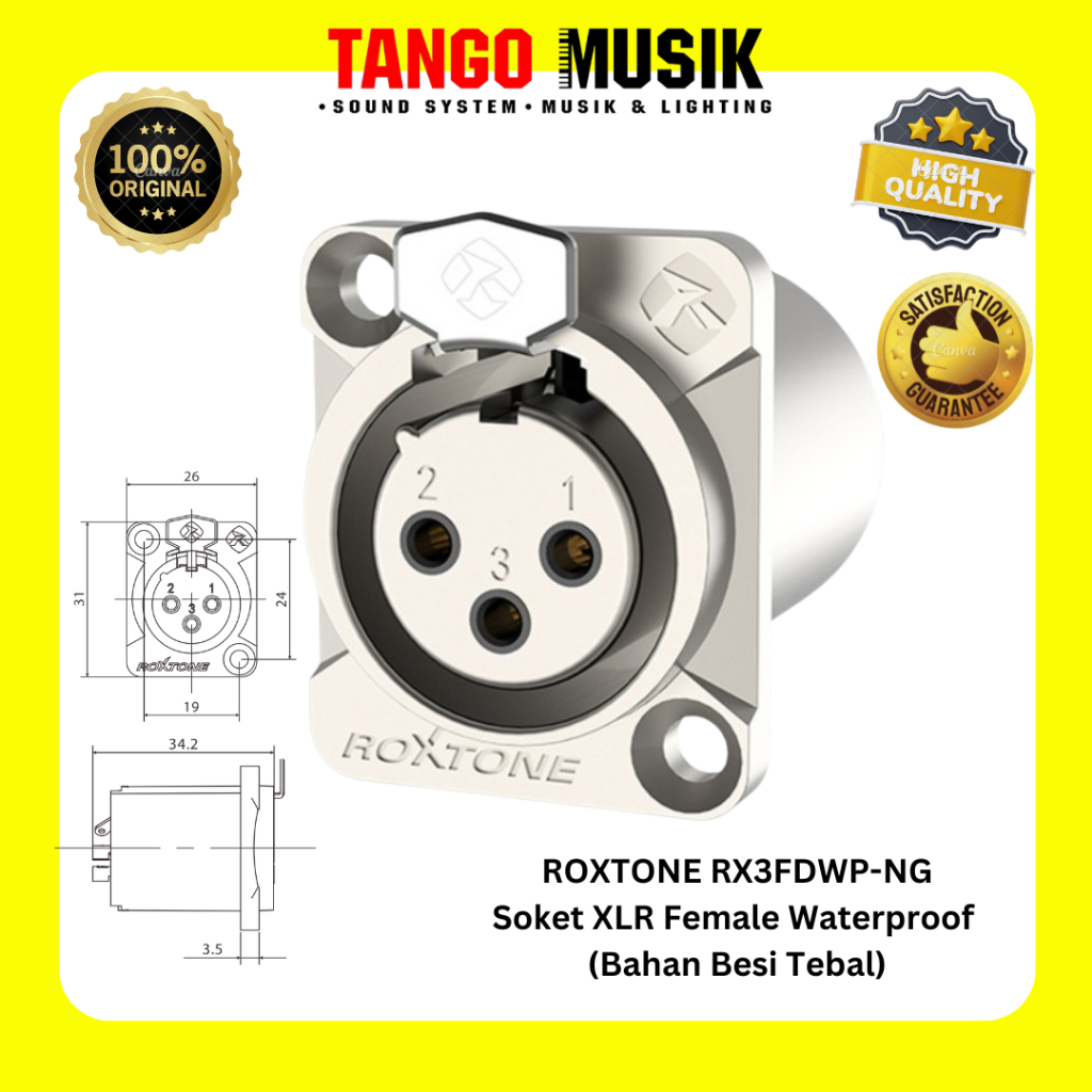 SOKET XLR FEMALE WATERPROOF (TAHAN AIR) ROXTONE RX3FDWP-NG ORIGINAL / SOKET XLRFAMEL UNTUK OUTDOOR /