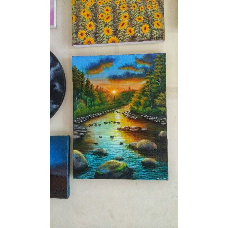 Lukisan sunset kanvas 30x40 cm, Lukisan sungai, lukisan pemandangan, lukisan original tangan, lukisa