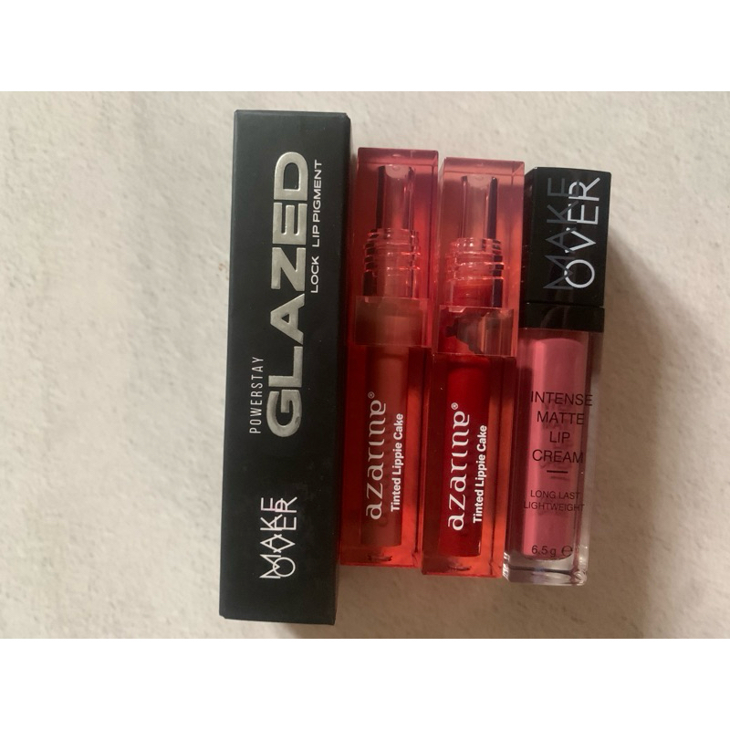 PRELOVED make over lip glazed, make over intense matte lip cream, azarine lippie cake