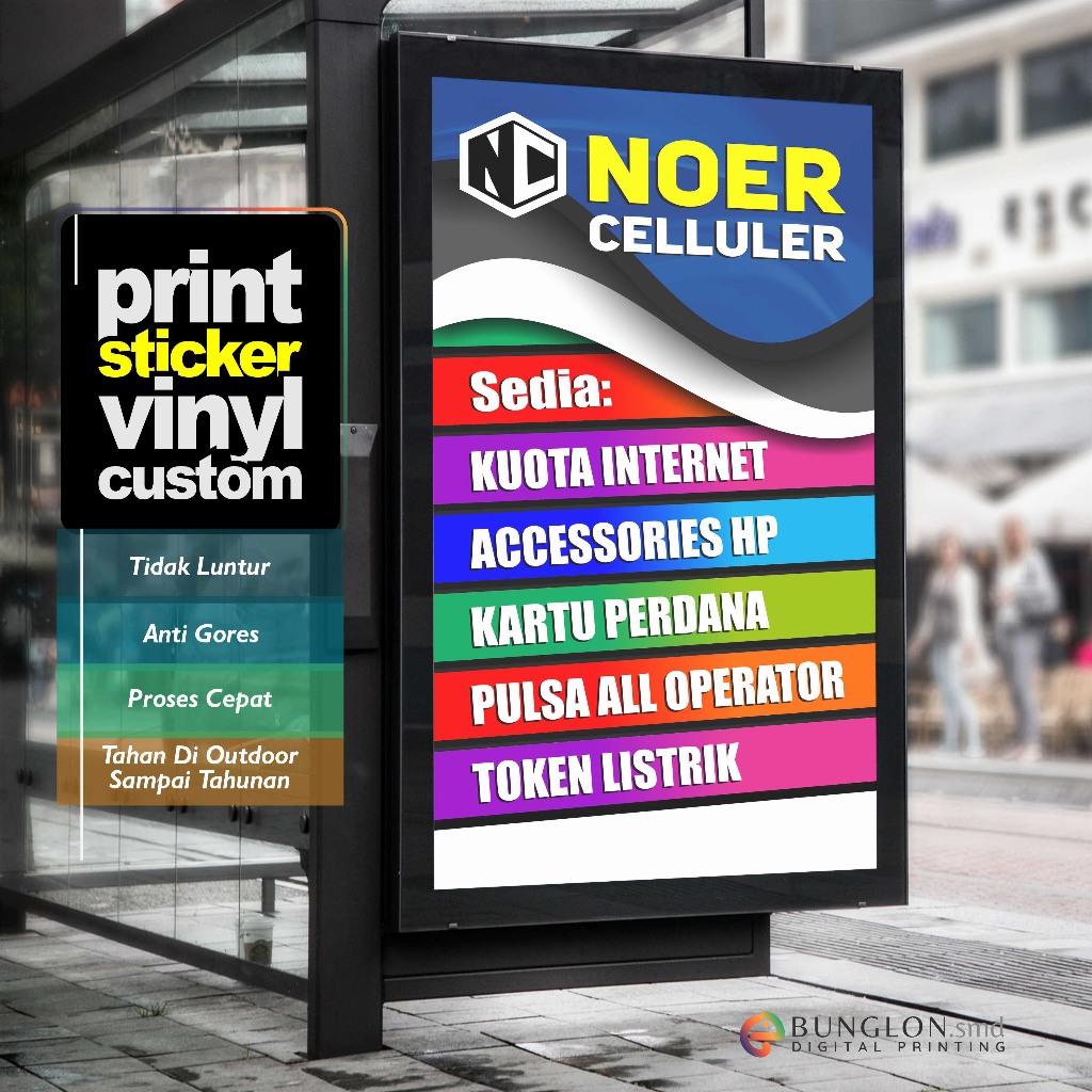 

PRINT CETAK STICKER PLANG TOKO KONTER CELLULER CUSTOM DESAIN