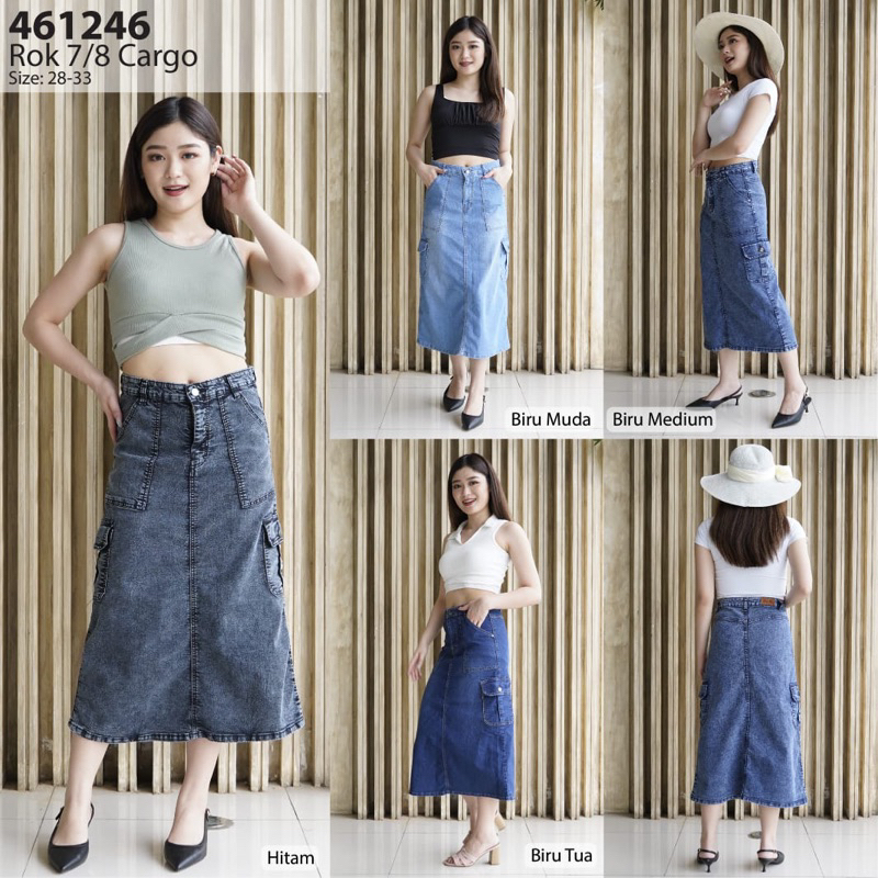 Rok jeans cargo panjang bawahan wanita kekinian