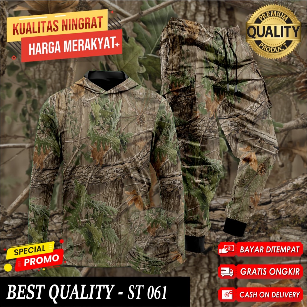 Setelan Baju Camo Hoodie Berburu Hunting Baju Berburu Hutan Kamuflase 1 Set Buff Celana Camo ST