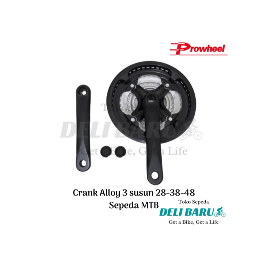 Prowheel Crank 3 susun alloy hitam silver 28 38 48T sepeda MTB