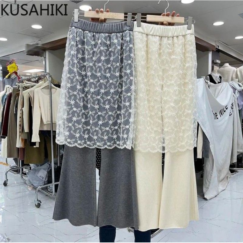 Import Bangkok Flare Pants y2k Layered Laces Patchwork skirt Pants