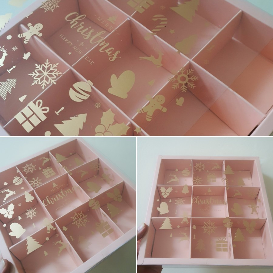 

5 pcs box mika kemasan eggtart sekat isi 9 ukuran 7x7x4cm warna pink salem christmas