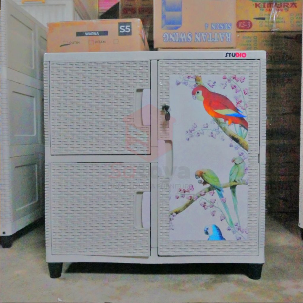 Lemari plastik 2 susun 2 pintu di lengkapi kunci motif rotan dan printing animal | Diskon dan COD