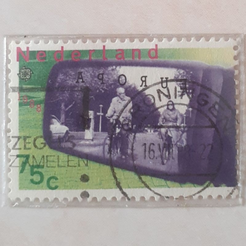 

Perangko Belanda Europa (C.E.P.T.) 1988 - Transport and Communications (Cyclists Reflected in Car Wing Mirror) Tahun 1988