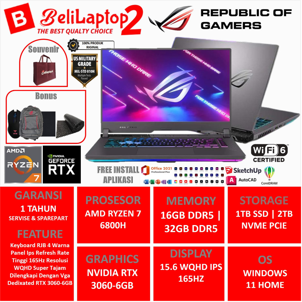 Laptop Gaming Asus ROG Strix G15 G513rm Amd Ryzen 7 6800H 32GB 2TB SSD RTX3060-6GB 15" IPS 165Hz