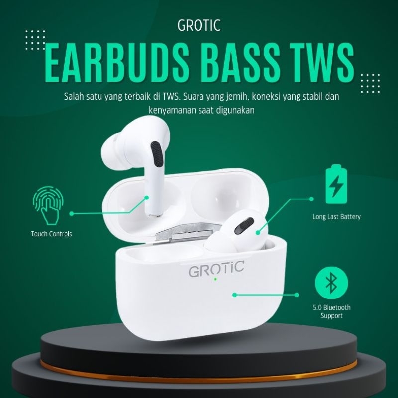 GROTIC TWS Putih Earphone Headset Bluetooth Wireless In-ear Sports Earbuds New Original